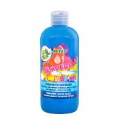 Flasche mit blauer Temperafarbe für Kinder. Bunte Etikette mit dem Schriftzug 'Tempera Kids Mix'.