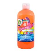 Flasche mit orangefarbener Temperafarbe für Kinder. Etikett mit bunten Farben und einem Clownsmotiv.