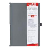 graues, faltbares Klemmbrett. A4-Format. Hält bis zu 30 Blätter. Mit elastischer Stiftschlaufe und Verschlussband.