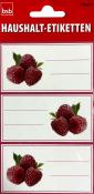 Haushaltsetiketten mit Himbeeren. Drei Bögen, jeweils mit Platz für Beschriftungen. Himbeeren sind realistisch abgebildet.