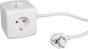 Weiße Steckdosenleiste mit zwei Steckdosen und einem Kabel. Die Form ist quadratisch.