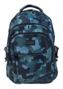 Rucksack in blaugrünem Camouflage-Muster. Mehrere Fächer und gepolsterte Träger.