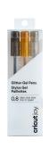 Set mit drei Glitzer-Gelstiften in Schwarz, Gold und Silber. Verpackung transparent mit Beschriftung.