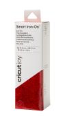 Rote, glitzernde Thermo-Transferfolie für Textilien. Verpackung zeigt Maße und Anwendungshinweise.