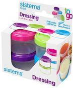 Set mit vier kleinen Behältern für Dressings. Farben sind lila, grün, pink und blau.