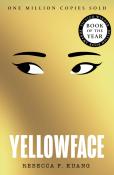 Buchcover mit dem Titel 'YELLOWFACE'. Goldene Hintergrundfarbe und stilisierte Augen.