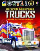 Buchcover mit dem Titel 'Der große Stickerspaß TRUCKS'. Abbildung eines bunten Trucks auf einem roten Hintergrund.