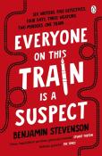 Buchcover mit rotem Hintergrund. Titel: 'Everyone on this Train is a Suspect', von Benjamin Stevenson.