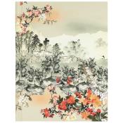 Buchcover mit Landschaftsmotiv und floralen Elementen. Sanfte Farben und asiatische Malerei.