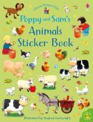 Buchcover mit dem Titel Poppy und Sams Tiere Stickerbuch. Illustrationen von Tieren und Kindern auf einem grünen Hintergrund.