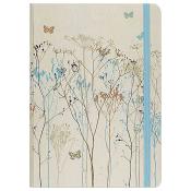 Notizbuch mit floralem Design in sanften Farben. Auf der Vorderseite sind Pflanzen und Schmetterlinge abgebildet.