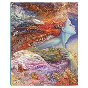 Buchcover mit einer Frau in blauer Haut und roten Haaren. Umgeben von Federn, Schmetterlingen und einer farbenfrohen Landschaft.