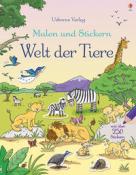 Buchcover mit dem Titel 'Welt der Tiere'. Illustrationen von Tieren in einer Landschaft mit Bäumen und Bergen.