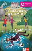 Buchcover mit dem Titel 'The Treasure of Tea Towers'. Vier Kinder und ein Hund am Wasser, ein Mann fällt ins Wasser.