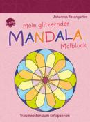 Buchcover mit dem Titel 'Mein glitzernder MANDALA Malblock'. Farbige Mandala-Illustration in der Mitte. Hintergrund in sanften Rosa-Tönen.