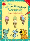 Buchcover mit dem Titel 'Mein Lern- und Übungsblock Vorschule'. Illustrationen von Tieren und Eiswaffeln.