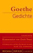Buchcover mit dem Titel 'Goethe Gedichte'. Gelber Hintergrund, roter Text, Preis und Seitenanzahl unten.