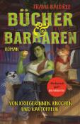 Buchcover mit dem Titel 'Bücher & Barbaren'. Eine grüne, kriegerische Figur steht zwischen Büchern, begleitet von einem kleinen Tier.
