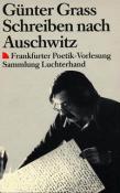 Buchcover mit dem Titel 'Schreiben nach Auschwitz' von Günter Grass. Schwarz-weißes Bild des Autors beim Schreiben.