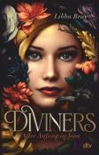 Buchcover von 'Diviners' von Libba Bray. Gesicht einer Frau umgeben von bunten Blumen und einem schwarzen Vogel.