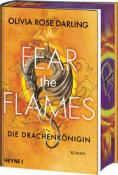 Buchcover mit dem Titel 'Fear the Flames - Die Drachenkönigin'. Farbverlauf von Orange zu Gelb mit einem Drachenmotiv.