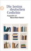 Buchcover mit dem Titel 'Die besten deutschen Gedichte'. Auf dem Cover sind Bücher in einem Regal abgebildet.