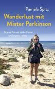 Buchcover mit dem Titel 'Wanderlust mit Mister Parkinson'. Eine Frau mit Rucksack steht am Strand.