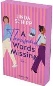 Buchcover mit dem Titel 'A Thousand Words Missing'. Illustrationen von zwei Personen, eine mit Laptop, gestreifter Hintergrund.