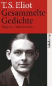 Buchcover mit dem Titel 'Gesammelte Gedichte' von T.S. Eliot. Hintergrund rot, Bild eines Mannes in Schwarz-Weiß.
