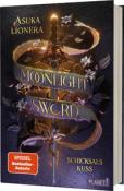 Buchcover mit dem Titel 'Moonlight Sword'. Goldene Schrift und florale Elemente auf dunklem Hintergrund.