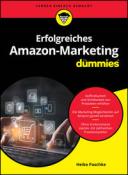 Buchcover mit dem Titel 'Erfolgreiches Amazon-Marketing für Dummies'. Grafiken von Einkaufssymbolen und digitalen Elementen.