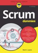 Buchcover mit dem Titel 'Scrum für Dummies'. Grafische Elemente und Illustrationen zu Scrum-Prozessen.
