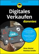 Buchcover mit dem Titel 'Digitales Verkaufen für Dummies'. Grafiken zu CRM und digitalem Verkauf auf einem Tablet.