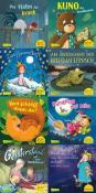 Acht Buchcover mit bunten Illustrationen. Titel wie 'Der Hahn ist krank' und 'Rundflug mit Mia' sind sichtbar.