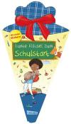Buchcover mit dem Titel Bunte Raetsel zum Schulstart. Abbildung eines Kindes mit Rucksack und verschiedenen Schulutensilien.