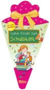 Buchcover mit dem Titel Bunte Raetsel zum Schulstart. Illustration eines Maedchens mit Katze und vielen bunten Stickern.