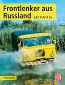 Buchcover mit dem Titel 'Frontlenker aus Russland'. Gelbes Fahrzeug fährt durch Wasser, umgeben von Natur.