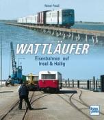 Buchcover mit dem Titel 'Wattläufer'. Darstellung von Zügen auf einer Küstenlandschaft.