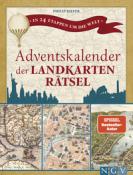 Buchcover mit dem Titel 'Adventskalender der Landkarten Rätsel'. Enthält historische Karten und eine Luftballon-Illustration.