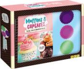 Verpackung für Muffins und Cupcakes. Enthält bunte Backförmchen in lila, grün und blau.