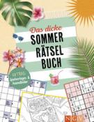 Buchcover mit dem Titel 'Das dicke Sommer Rätsel Buch'. Dekoriert mit Blumen und einem Glas Getränk.