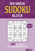 Buchcover mit dem Titel 'Der grosse Sudoku Block'. Enthält ein Sudoku-Raster und Hinweise auf 380 Rätsel in drei Schwierigkeitsstufen.
