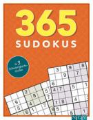 Buchcover mit dem Titel '365 Sudokus'. Orange Hintergrund. Drei Schwierigkeitsstufen. Abgebildete Sudoku-Rätsel auf der linken Seite.
