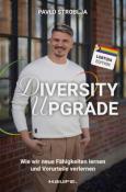 Buchcover mit dem Titel 'Diversity Upgrade'. Abgebildete Person trägt ein weißes Sweatshirt und steht vor einer Backsteinwand.