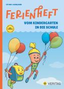 Buchcover für 'Ferienheft'. Bunte Illustrationen von zwei Figuren mit Luftballons. Eine Figur hat einen Rucksack. Heller blauer Hintergrund.