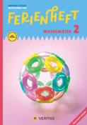 Cover eines Mathematikhefts mit dem Titel 'Ferienheft Mathematik 2'. Bunte, durchsichtige Ringe in verschiedenen Farben auf einem blauen Hintergrund.