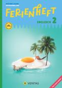 Buchcover 'Ferienheft Englisch 2'. Helle Farben, tropische Szene mit einer Insel, Palmen und einem Spiegelei. Titel in großen, bunten Buchstaben.
