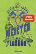Buchcover mit dem Titel 'Der Meister von London'. Grüne Hintergrundfarbe mit einem stilisierten Ziegenkopf und dekorativen Elementen.