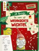 Buchcover mit dem Titel '24 Briefe vom Weihnachts Wichtel'. Illustration eines Wichtels und Briefumschlägen auf rotem Hintergrund.