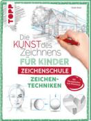 Buchcover mit dem Titel 'Die Kunst des Zeichnens für Kinder'. Abbildung eines Zeichners, der an einem Gebäude skizziert.